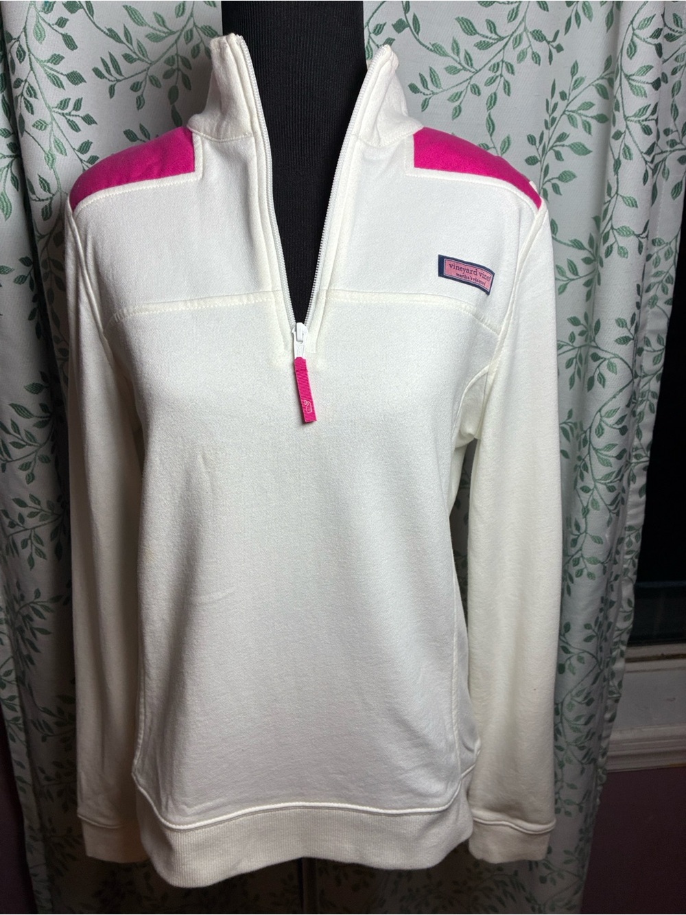 Vineyard Vines Cream 1/4 Zip Pullover with Pink Accents